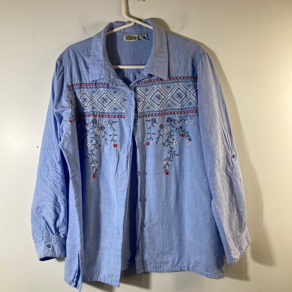 Womens Vintage Collections Etc Embroidered Button Shirt 2XL Blue White Red - Picture 1 of 9